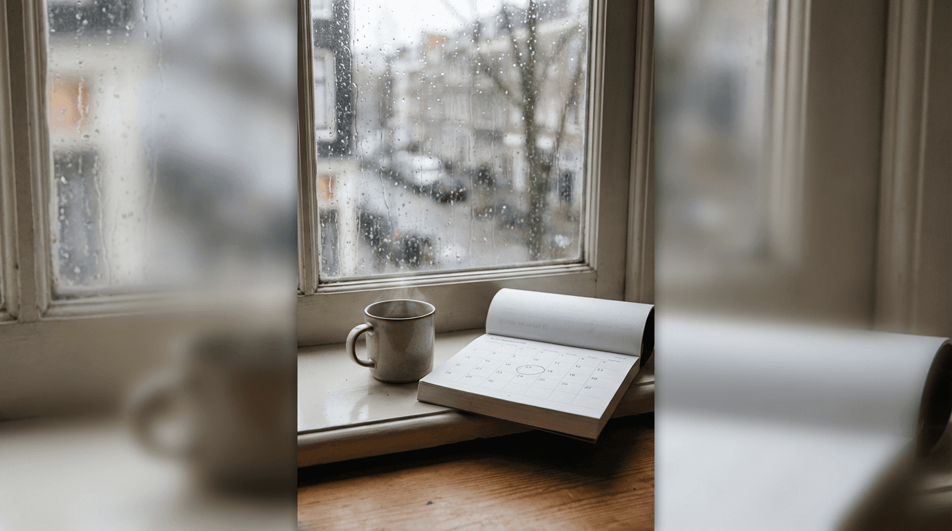 Kalender en kop thee bij raam; zacht licht, sfeer van rust en bewust tempo—kwaliteit boven kwantiteit.