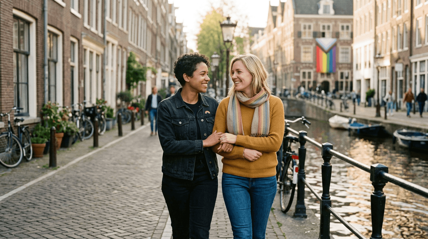 Inclusief straatbeeld met regenboogdetail (vlag of sjaal); warm licht, geen cliché-beeld bij LHBTQ+ en veiligheid.