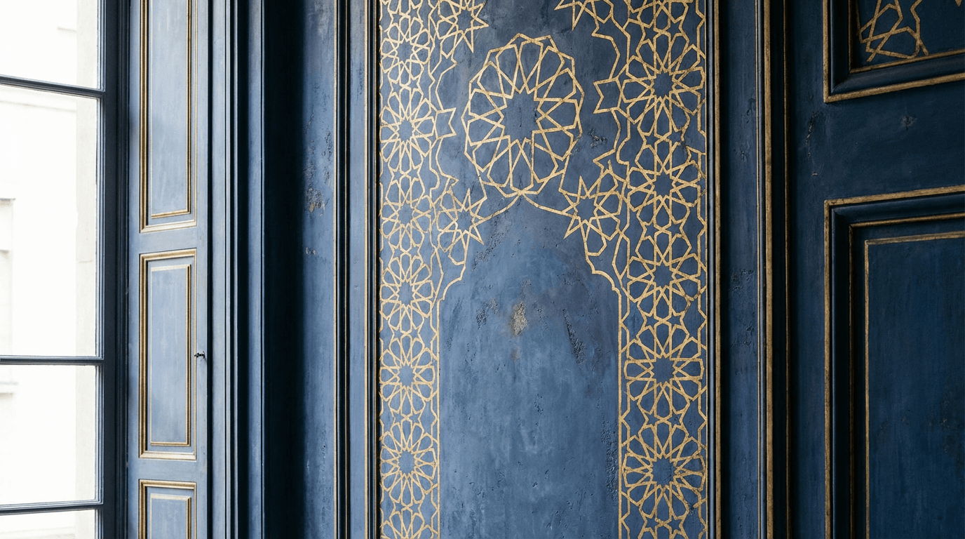 Islamitische geometrische patronen in goud en diepblauw; rustig, respectvol beeld bij normen en verbinding.