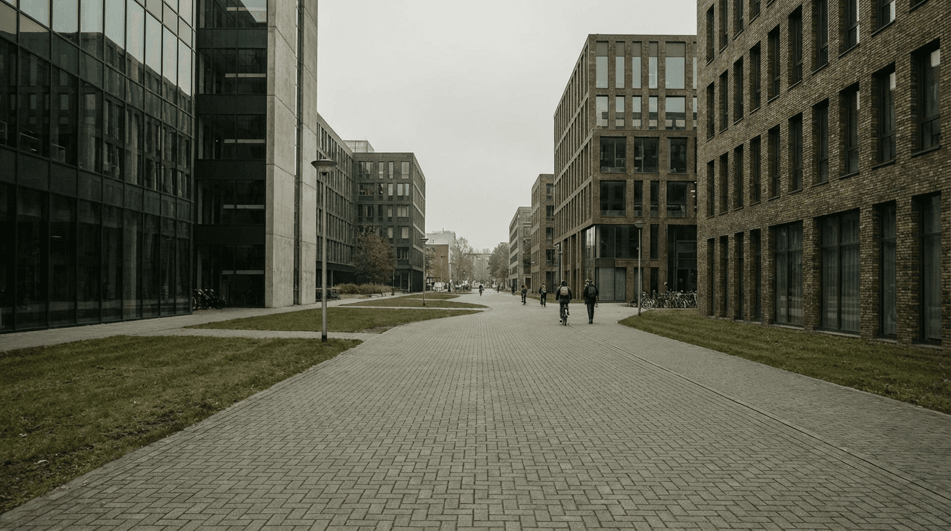 Moderne campus met fietsenpad en faculteitsgebouwen; Nederlandse universiteitsomgeving rond Science Park.