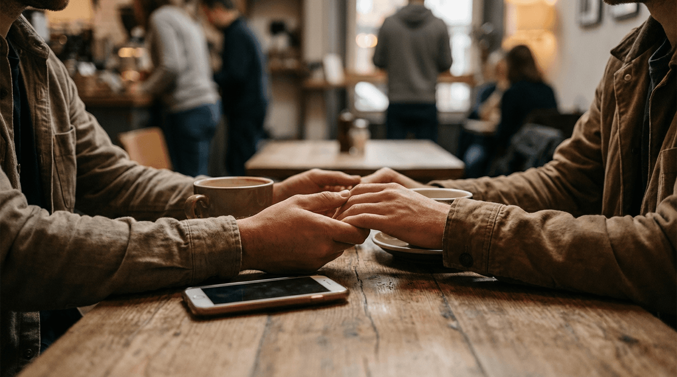 Telefoon ligt met scherm naar beneden op koffietafel; handen reiken naar elkaar—verbinding zonder swipen.